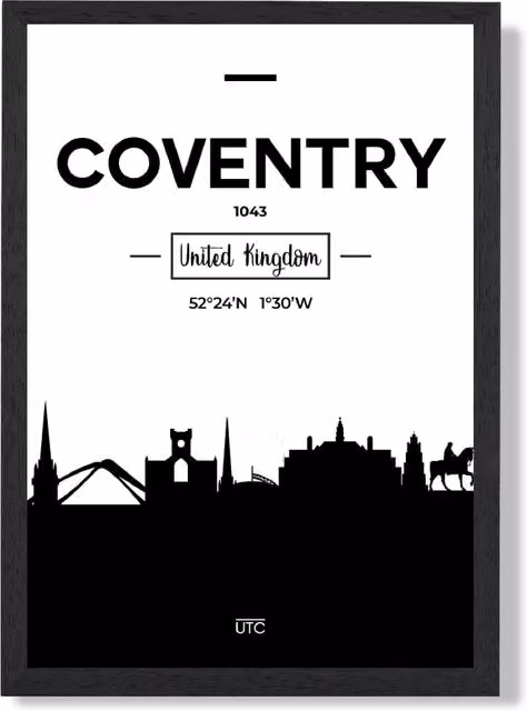 ARTZE Coventry Black and White City Skyline Framed Print in Black, A2