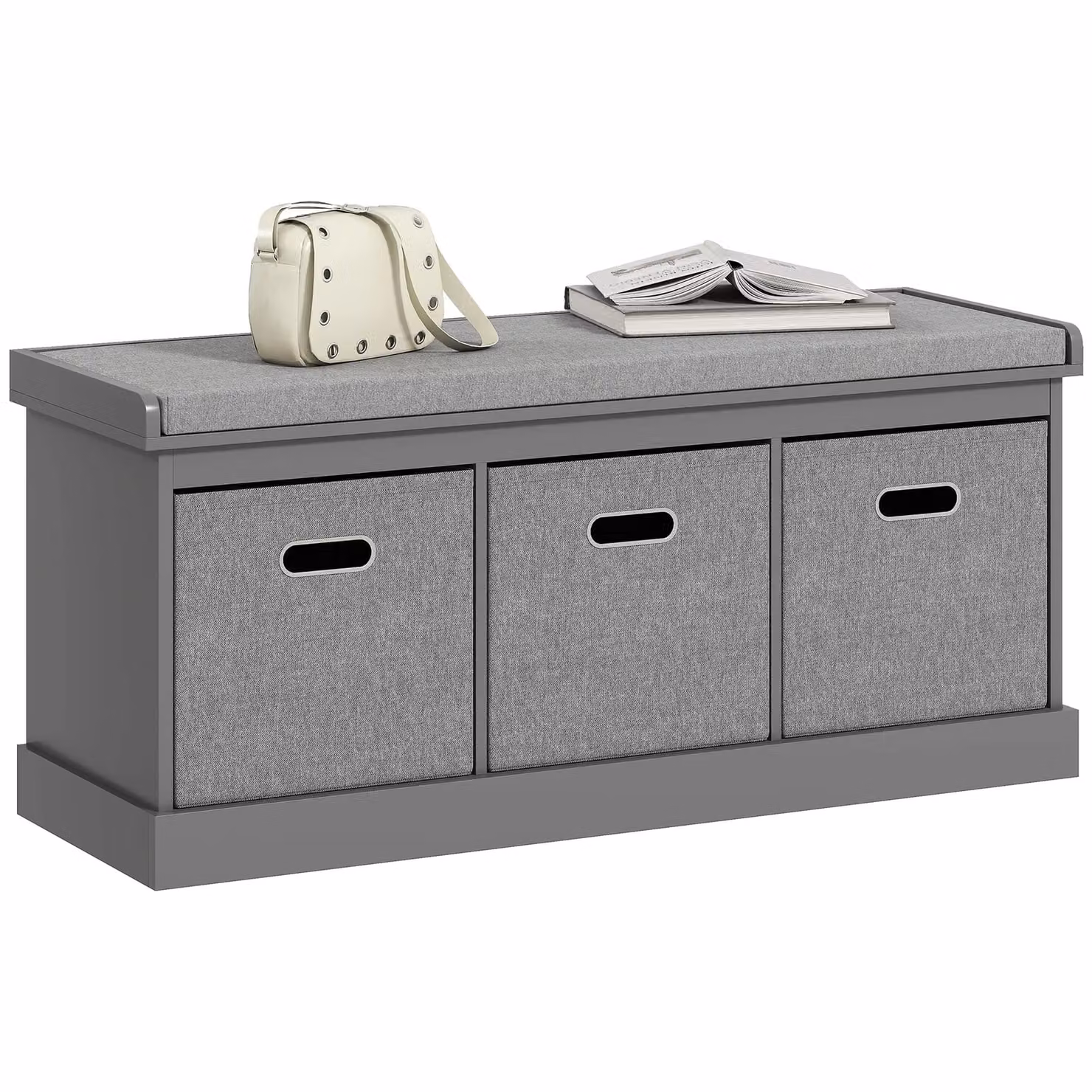 HOMCOM Grey Shoe Bench with Seat Cushion and 3 Fabric Baskets – 2
