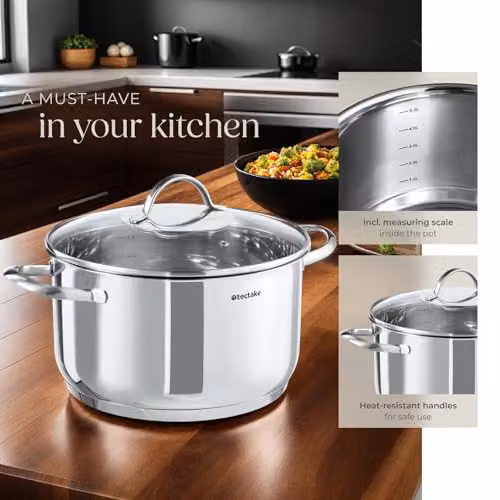 tectake Bologna 7-Piece Stainless Steel Saucepan and Pot Set with Glass Lids in Silver – 3