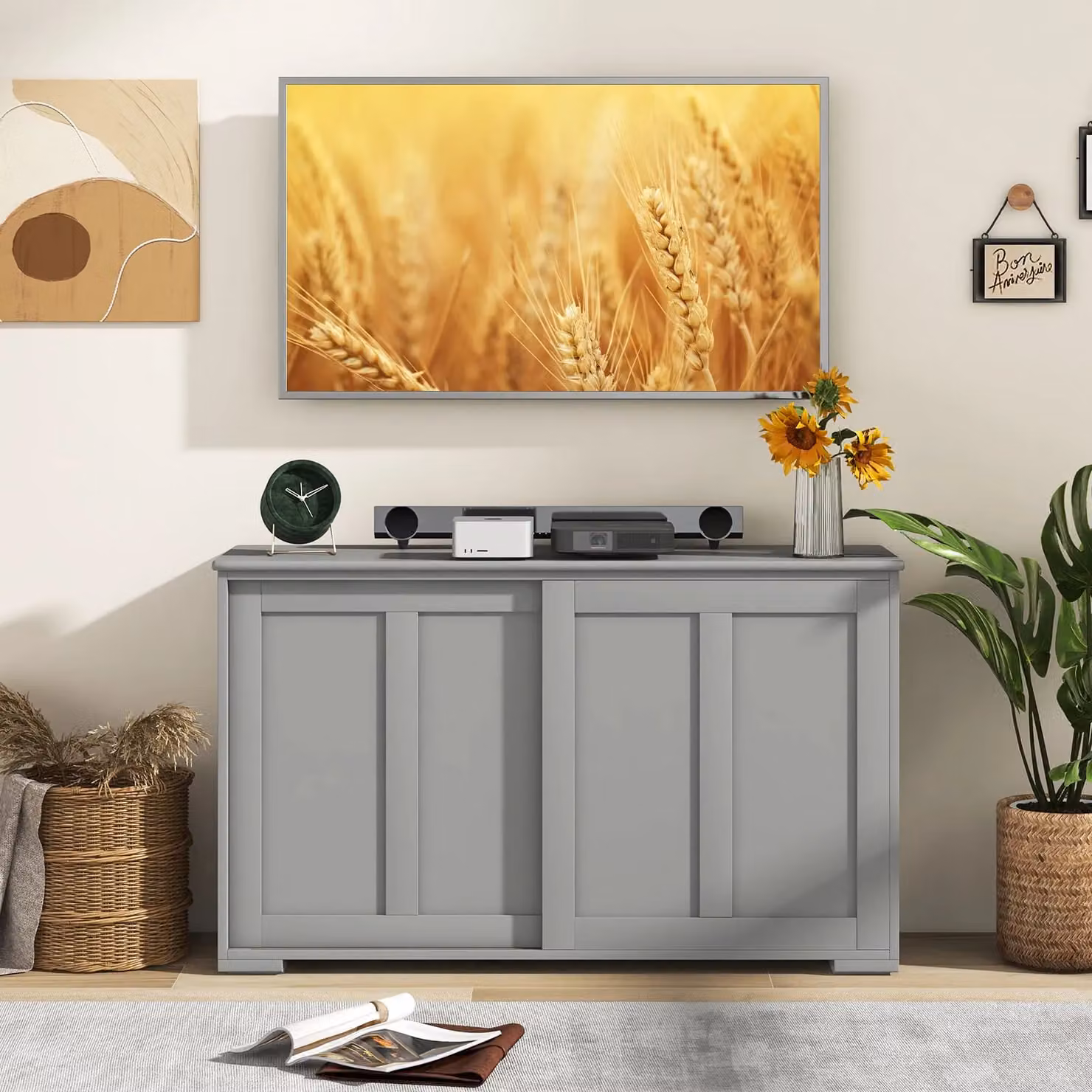 Gymax Modern Freestanding Kitchen and Home Office Storage Cabinet with Sliding Doors in Matt Grey – 2