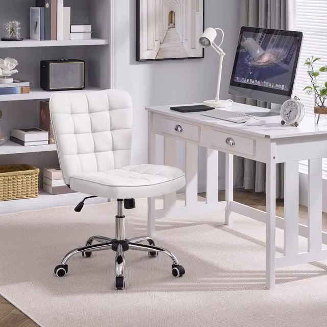 Yaheetech Modern White Faux Leather Tufted Armless Swivel Task Chair
