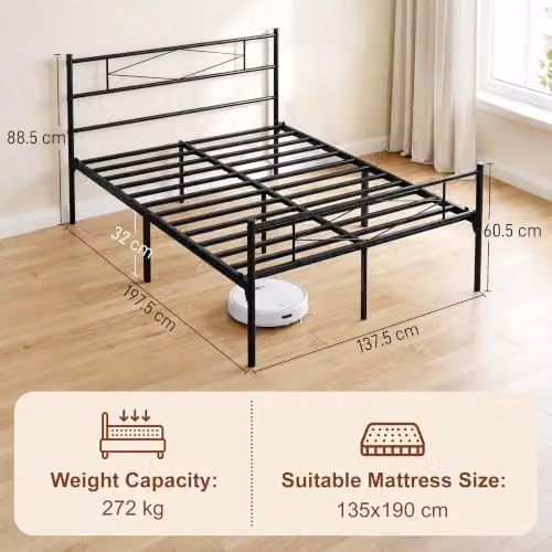 HOMCOM Industrial Metal Double Bed Frame with Headboard and Footboard, Black, W/D/H: 140 x 200 x 88.5 cm – 2