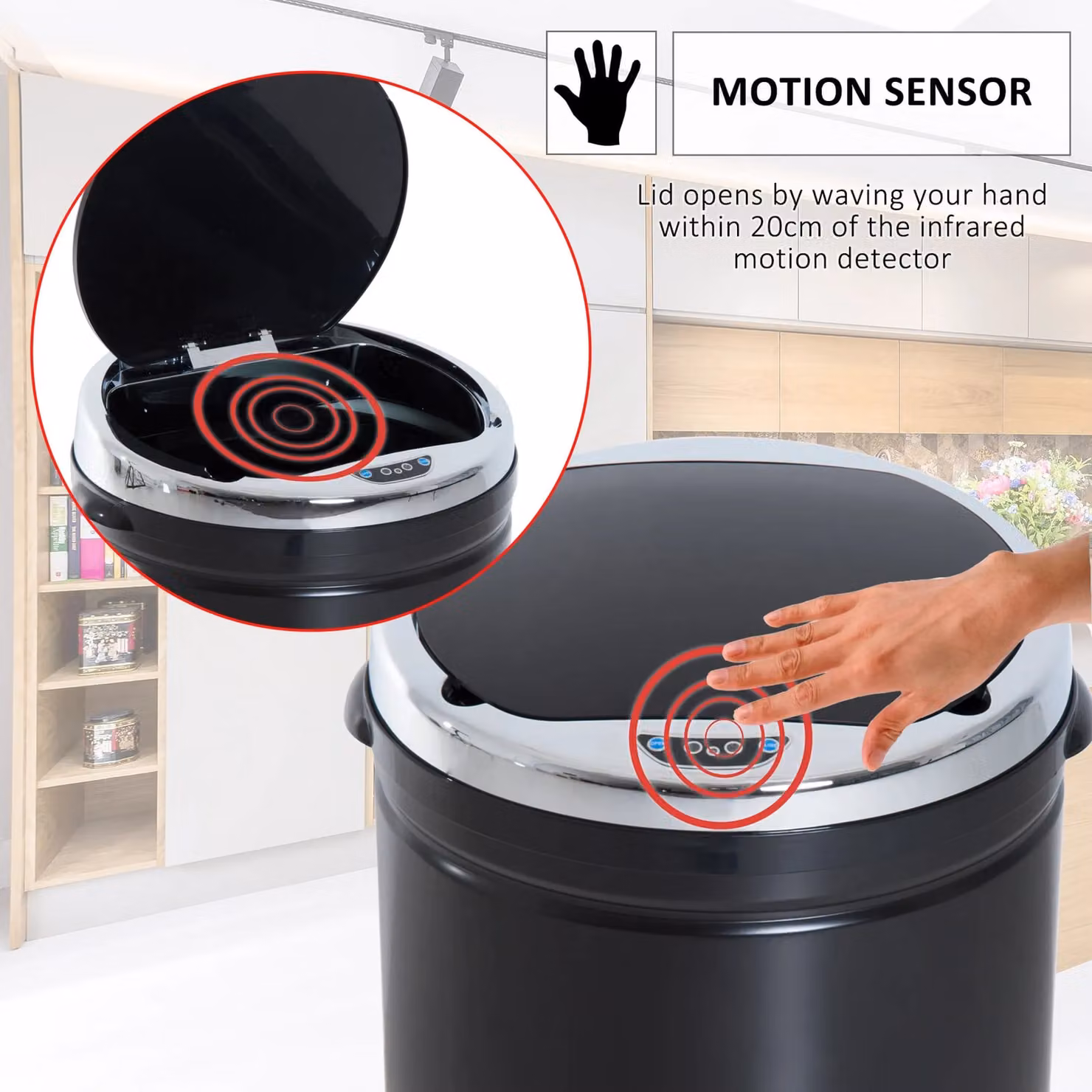 HOMCOM Stainless Steel Automatic Sensor Waste Bin in Black – 11