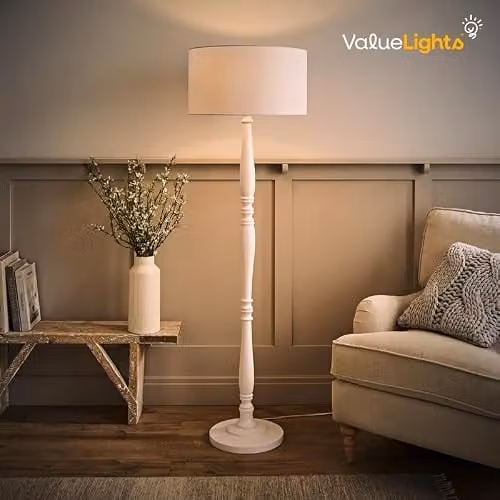 ValueLights Classic White Wood Floor Lamp with Grey Fabric Cylinder Shade – 3