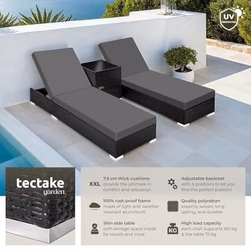 tectake 2-Seater Rattan Lounge Chair Set with Powder Coated Aluminium Frame and Weatherproof Cushions in Black, Beige or Grey – 2