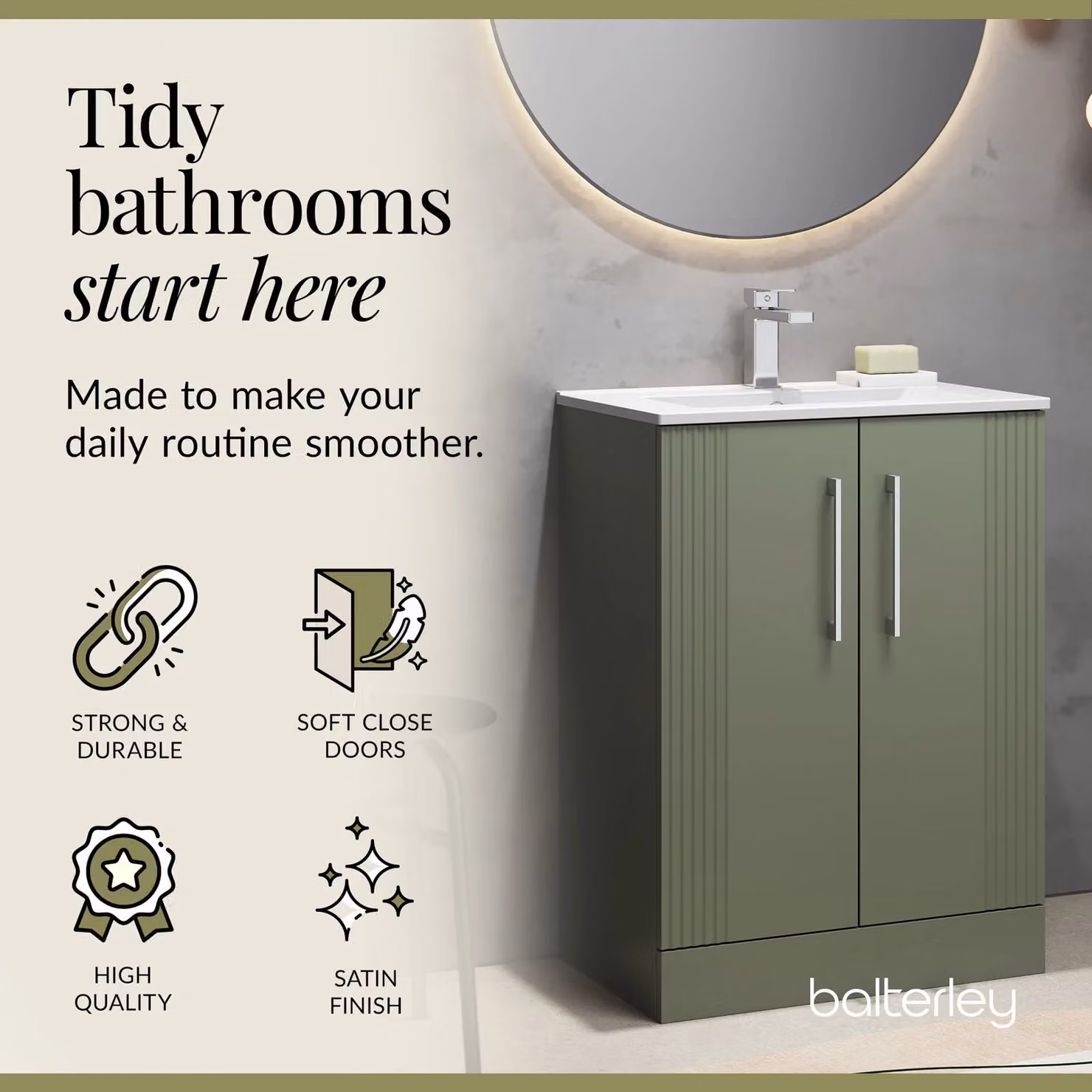 Balterley Floor Standing Green Matt Bathroom Vanity Unit with Rectangular Basin and Soft Close 2 Doors – 3