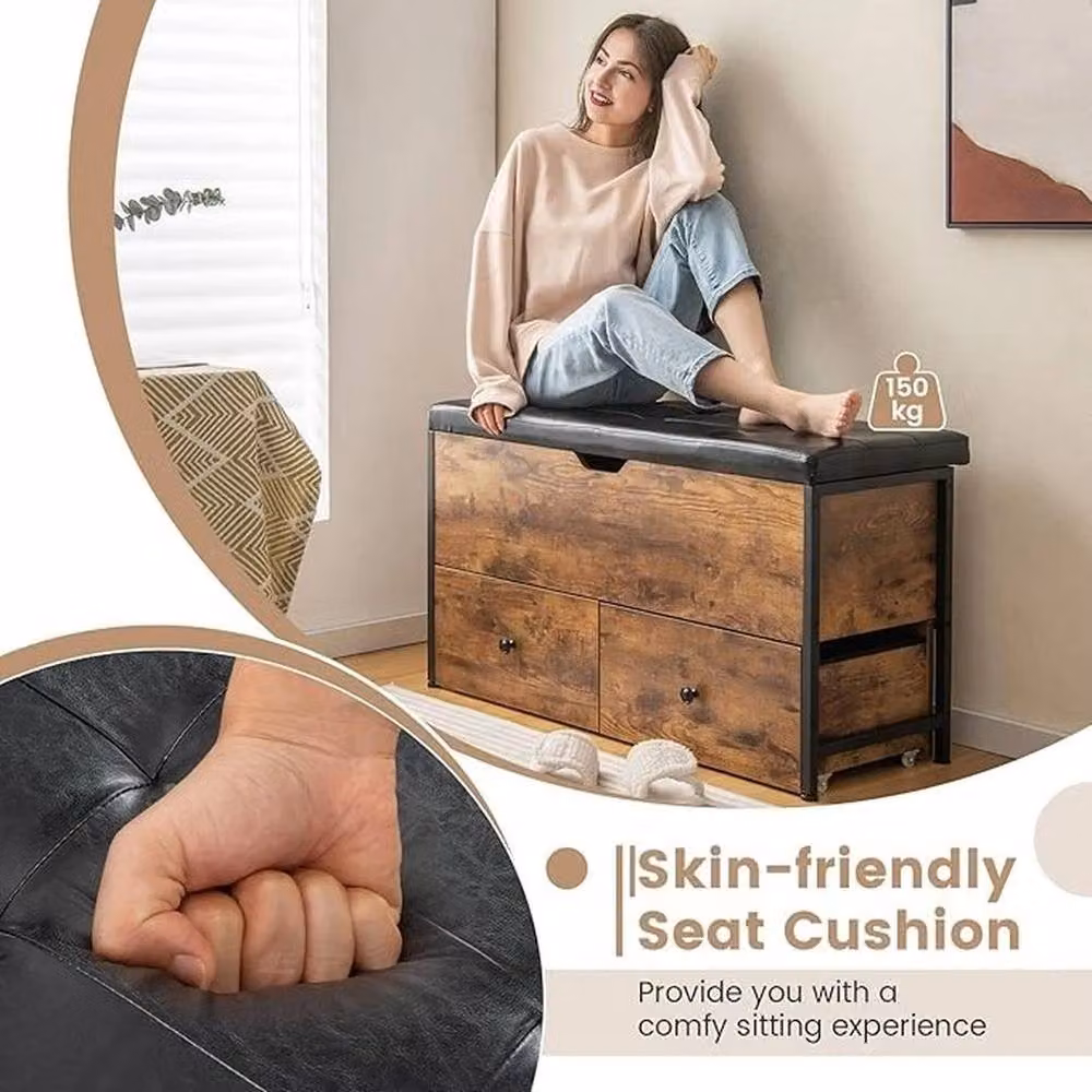 VOGREX Brown Synthetic Leather Flip Top Storage Ottoman with 2 Drawers and Padded Top – 4