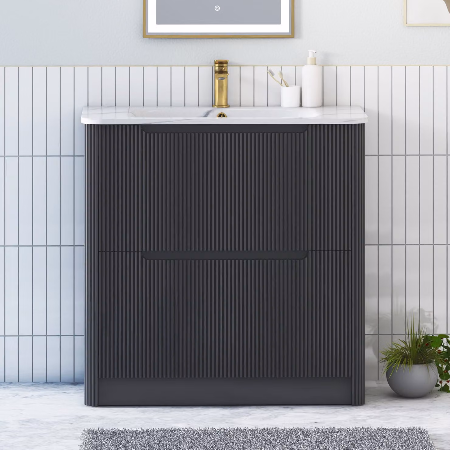 Royal Bathrooms Avenza 800mm Matt Obsidian Black Floor Standing 2 Drawer Vanity Unit with Carrara White Basin