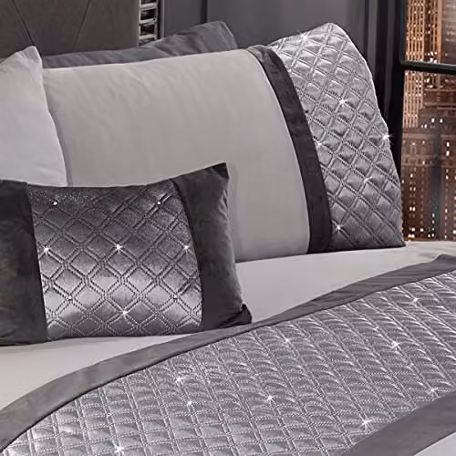 Belle Maison Hollywood Diamante Velvet Filled Square Cushion in Silver Grey