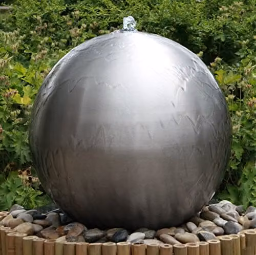 Primrose Silver Brushed Stainless Steel Sphere Cascade Water Feature with LED Lights, 60 cm Diameter – 1