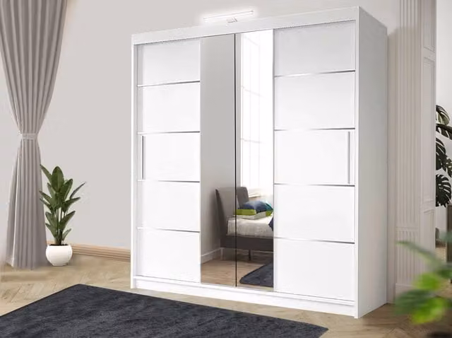 RAC3 Oslo Modern Grey and White Sliding Bedroom Wardrobe with LED Lighting, Mirror and Internal Drawers, W: 150 cm
