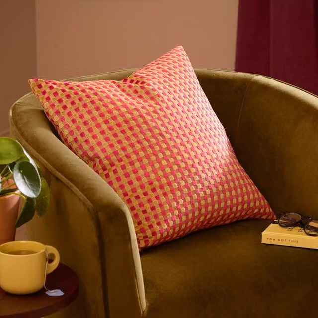 Furn Pink Checkered Velvet Jacquard Square Cushion W/D/H: 45 x 45 x 45 cm