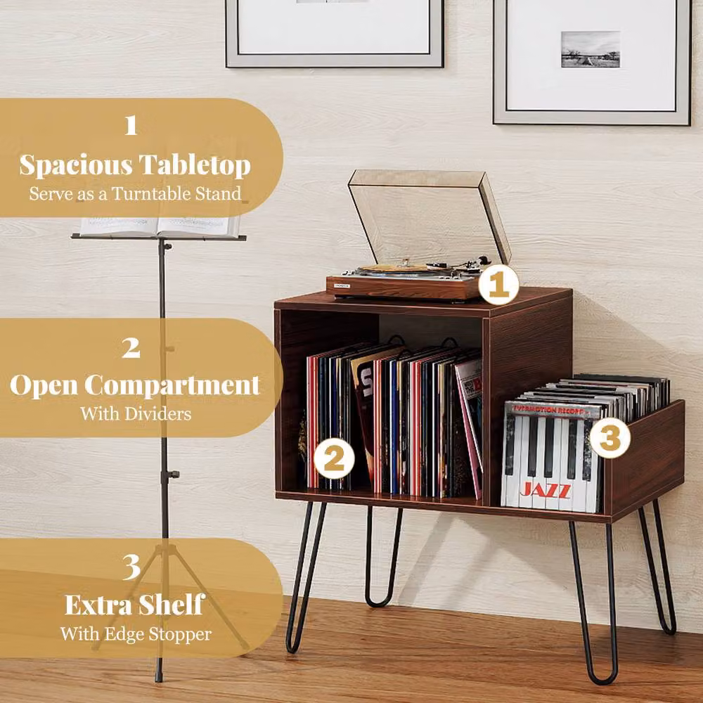 Gymax Modern Brown Metal Turntable Stand with Power Outlet and Display Shelf – 5
