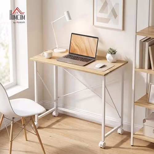 HOMCOM Small Folding Computer Desk with Castors, Sand – 2