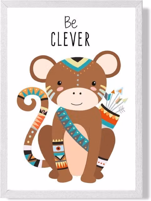 ARTZE Be Clever Monkey Tribal Animal Quote Framed Print, White Frame, Brown and Multicolour, A2