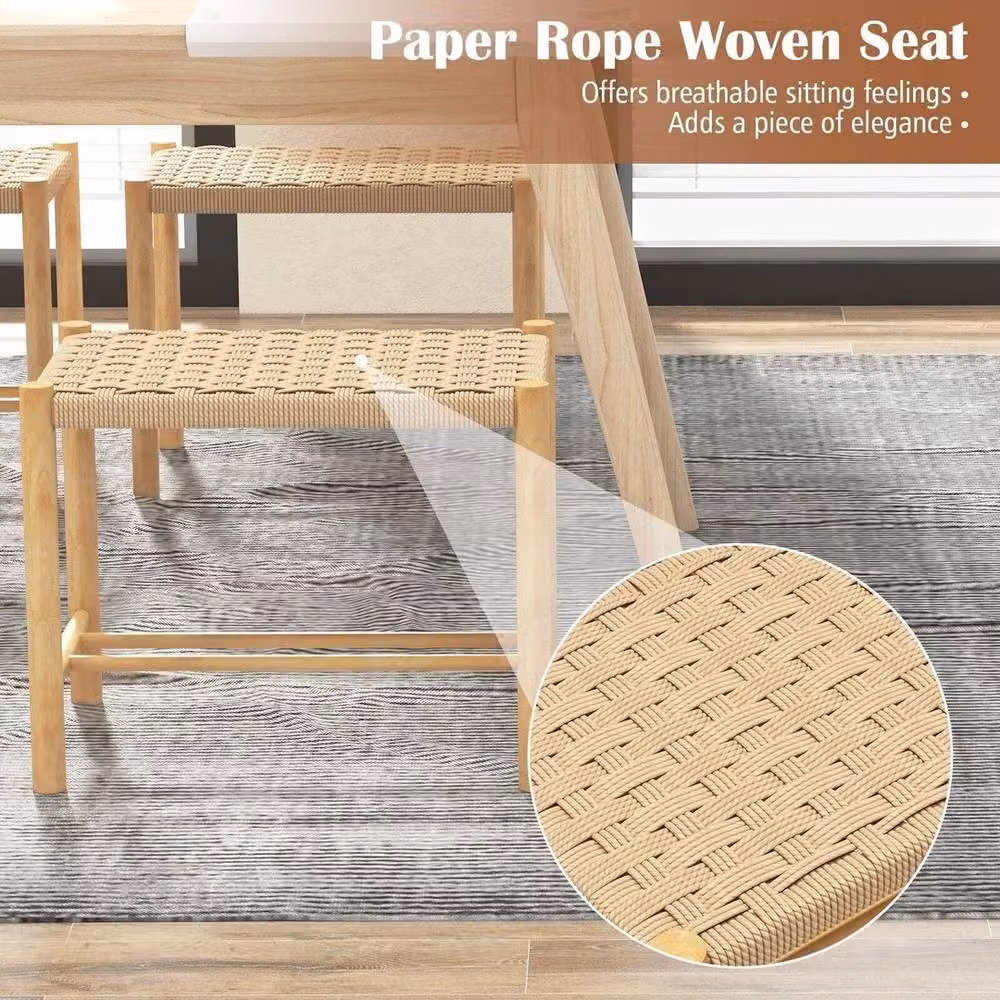 Havendro Set of 2 Counter Height Woven Seat Kitchen Bar Stools in Beige with Rubberwood and Paper Rope – 2