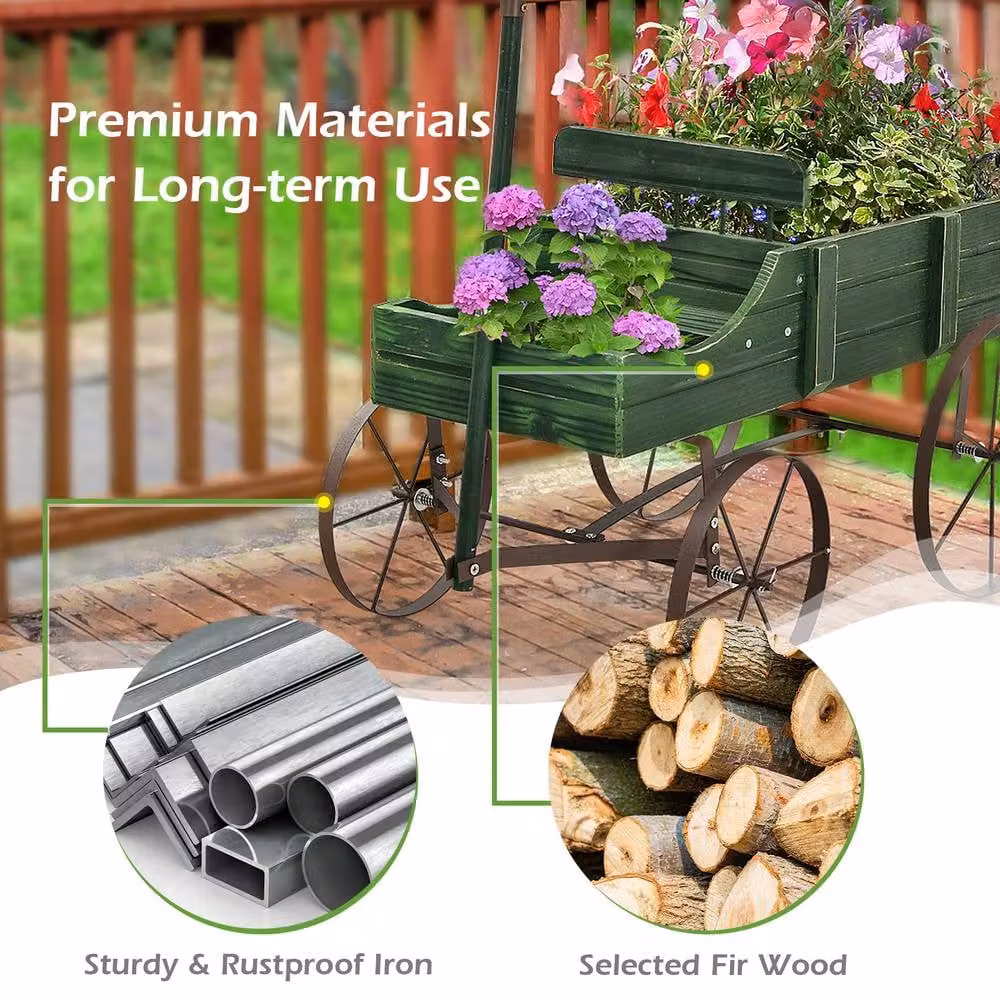 Costway Green Garden Wagon Planter with Two Planting Sections and Rustic Wood and Metal Design – 7