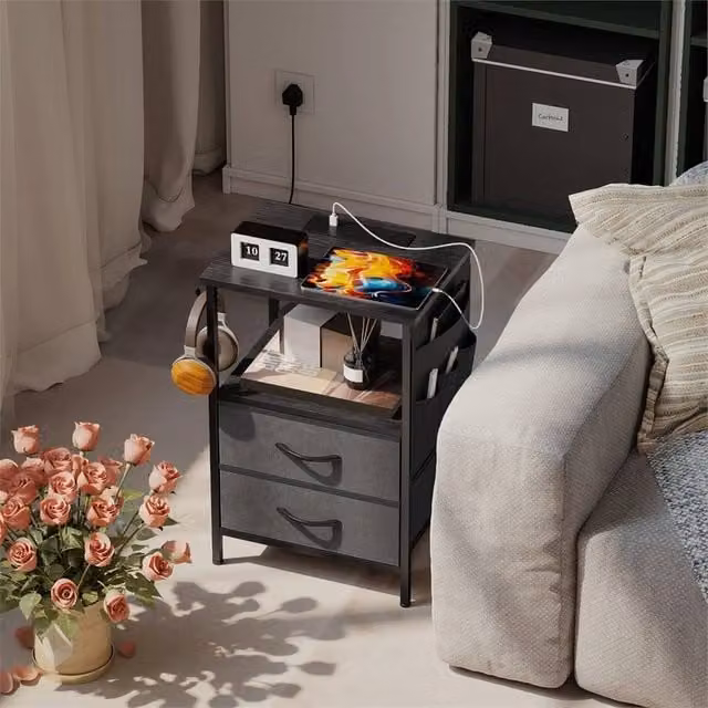 Havendro Slim Black Side Table with Charging Station, W/D/H: 40 x 30 x 60 cm