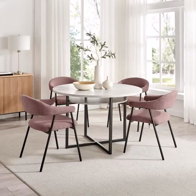 Furniturebox UK Adley Round Grey Concrete Effect Dining Table with 4 Delos Chairs in Dusty Pink