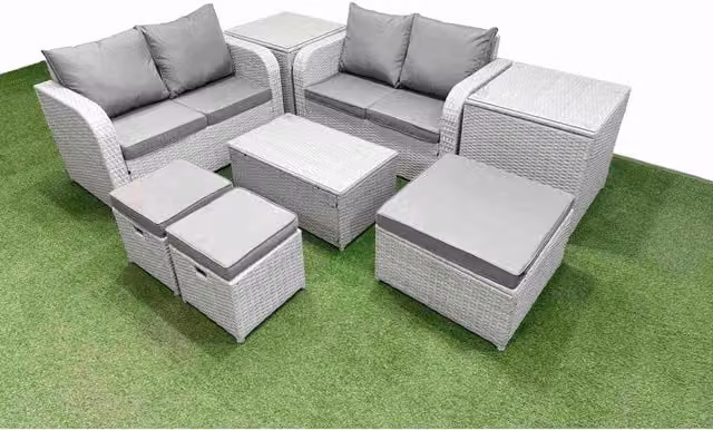 Fimous 7-Seater Grey Rattan Garden Sofa Set with U-Shape Seating, Coffee Table and Ottomans