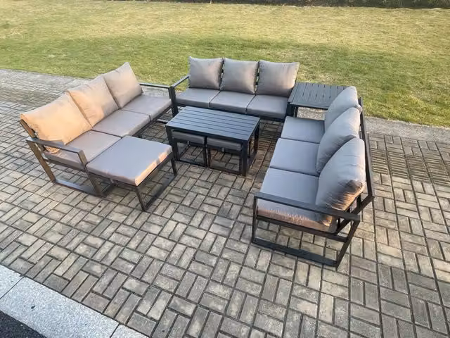 Fimous 12 Seater Aluminium Outdoor Garden Furniture Set in Dark Grey with Lounge Sofa, Oblong Coffee Table, 3 Footstools, Side Table and Cushions