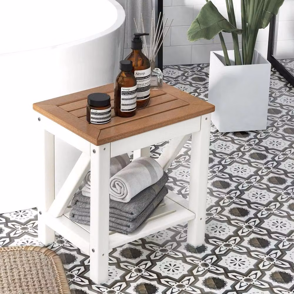 VOGREX Brown Bathroom Shower Stool with Storage Shelf – 4