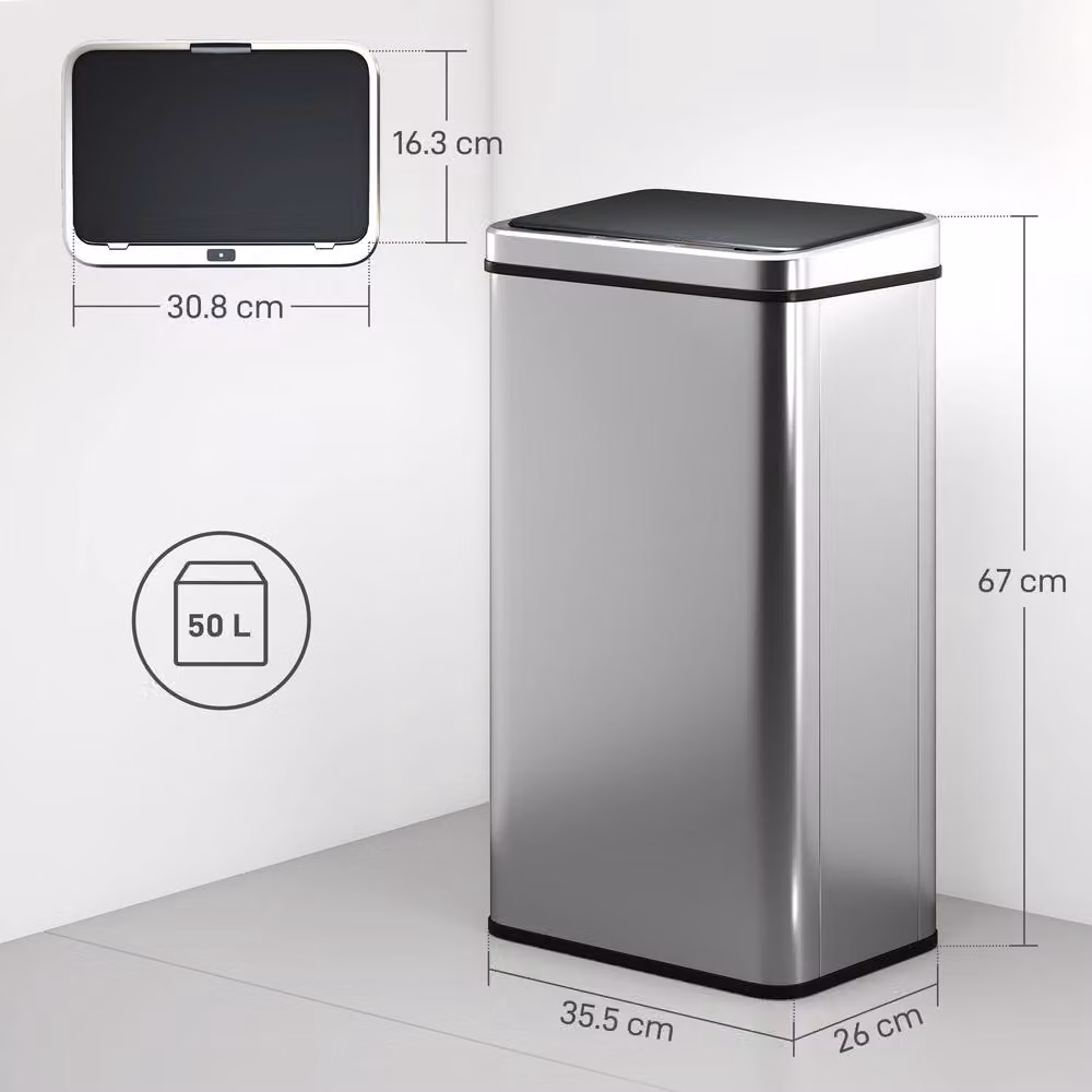HOMCOM 50L Stainless Steel Sensor Kitchen Bin in Silver, Fingerprint-Proof – 3