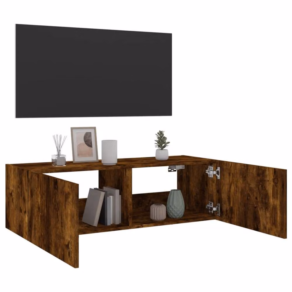 Berkfield Home TV Wall Cabinet with LED Lights in Smoked Oak Brown, W: 100 cm, D: 35 cm, H: 31 cm – 6