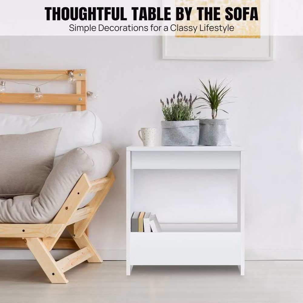 PAWNORA Small White End Table and Magazine Rack with Glass Shelf – 2