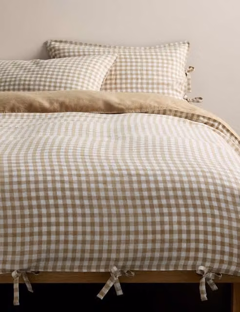 M&S Pure Linen Checked Duvet Cover and Pillowcase Set in Beige, 180 x 200 cm