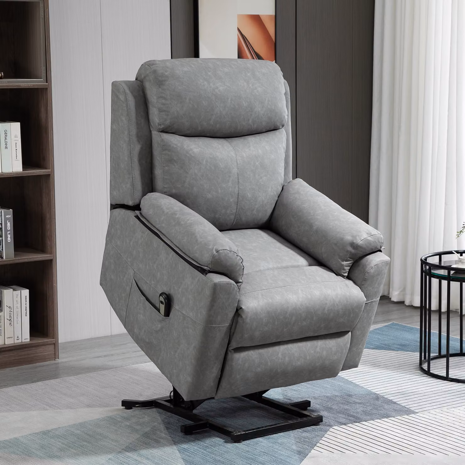 HOMCOM Grey Faux Leather Electric Power Lift Recliner Armchair with Remote Control and Side Pocket – 2