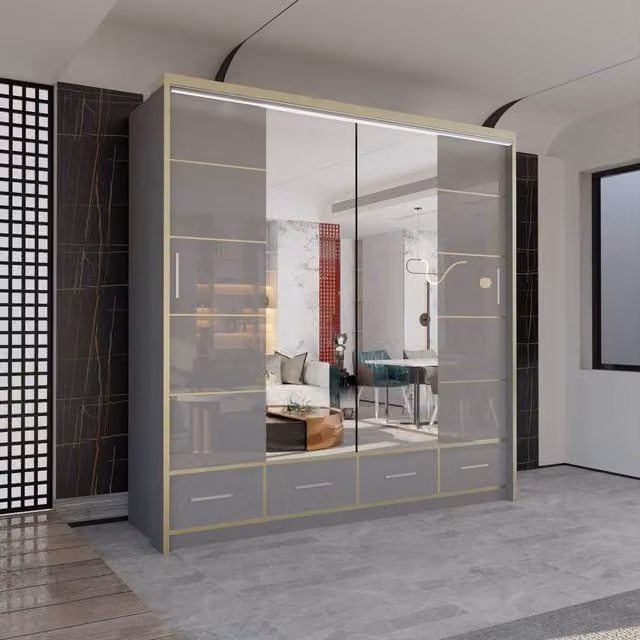 Sliding Wardrobes 4U Modern Gloss Wardrobe with LED Light and Mirror Doors, Grey and Gold, W/H: 203 x 220 cm