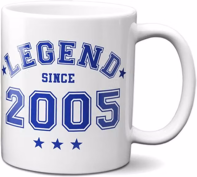 Bad Zebedee Legend Since 2005 21st Birthday Anniversary Ceramic Mug in Blue and White, 300ml