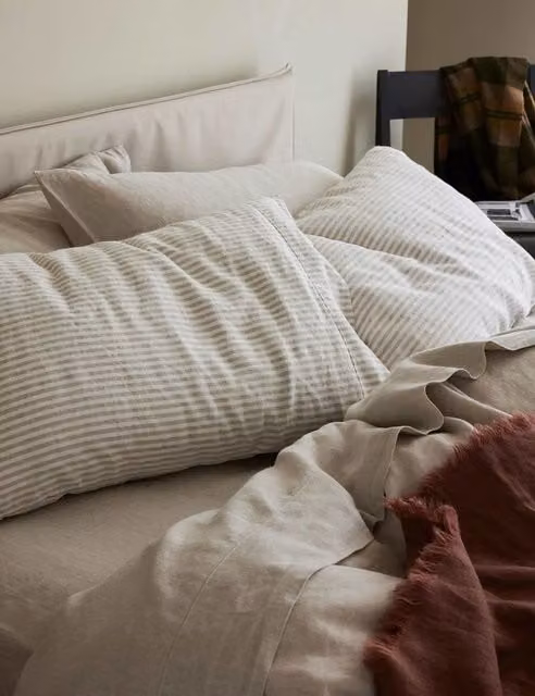 Piglet In Bed Pure Linen Striped Pillowcases in Oatmeal Mix and Beige