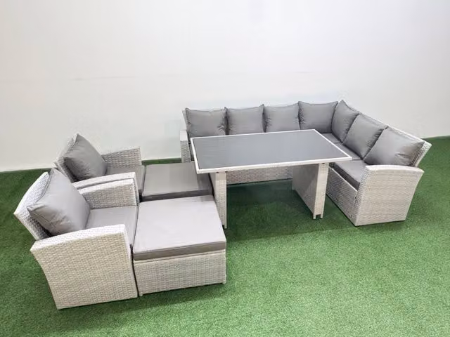 Fimous 10 Seater Wicker Rattan Corner Sofa Garden Furniture Set in Light Grey