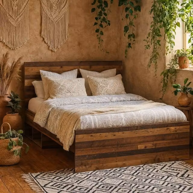 Wyld Haus Whimwick Small Double Industrial Bed Frame in Walnut Brown, W/D/H: 120 x 200 cm