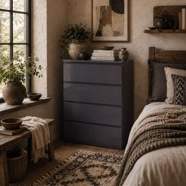 Wyld Haus Valo Leha Grey High Gloss 4 Drawer Chest with Soft Close Drawers W/D/H: 80 x 33 x 55 cm – 1