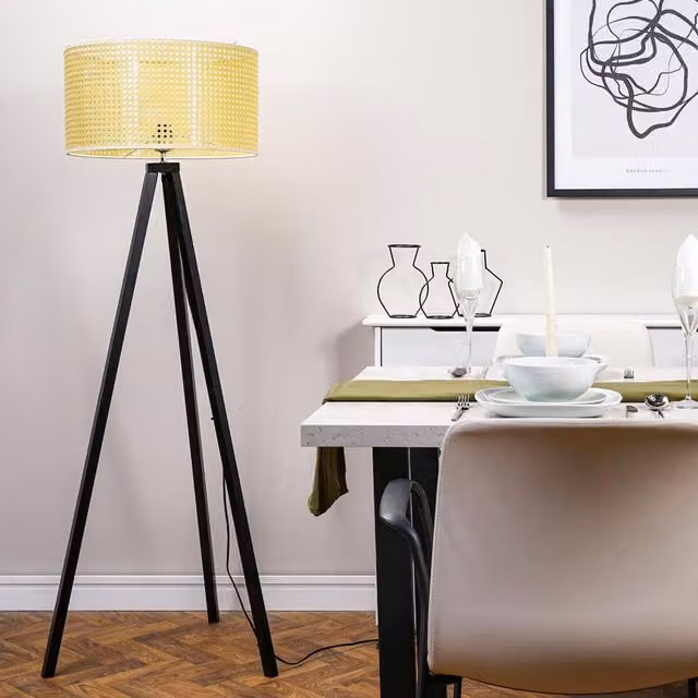 Barbro Wood Floor Lamp with Rattan Drum Shade in Black