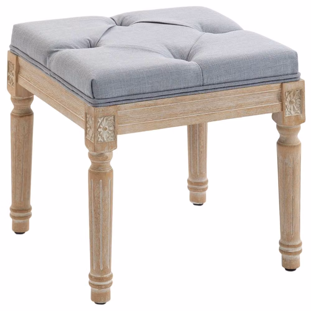 HOMCOM Vintage Tufted Square Fabric Footstool with Rubberwood Legs, Light Grey, W/D/H: 43 x 40 x 43 cm – 2