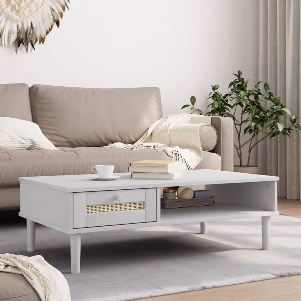 Berkfield Home Senja Coffee Table in White Rattan Look Solid Pine Wood W/D/H: 100 x 55 x 33 cm – 2
