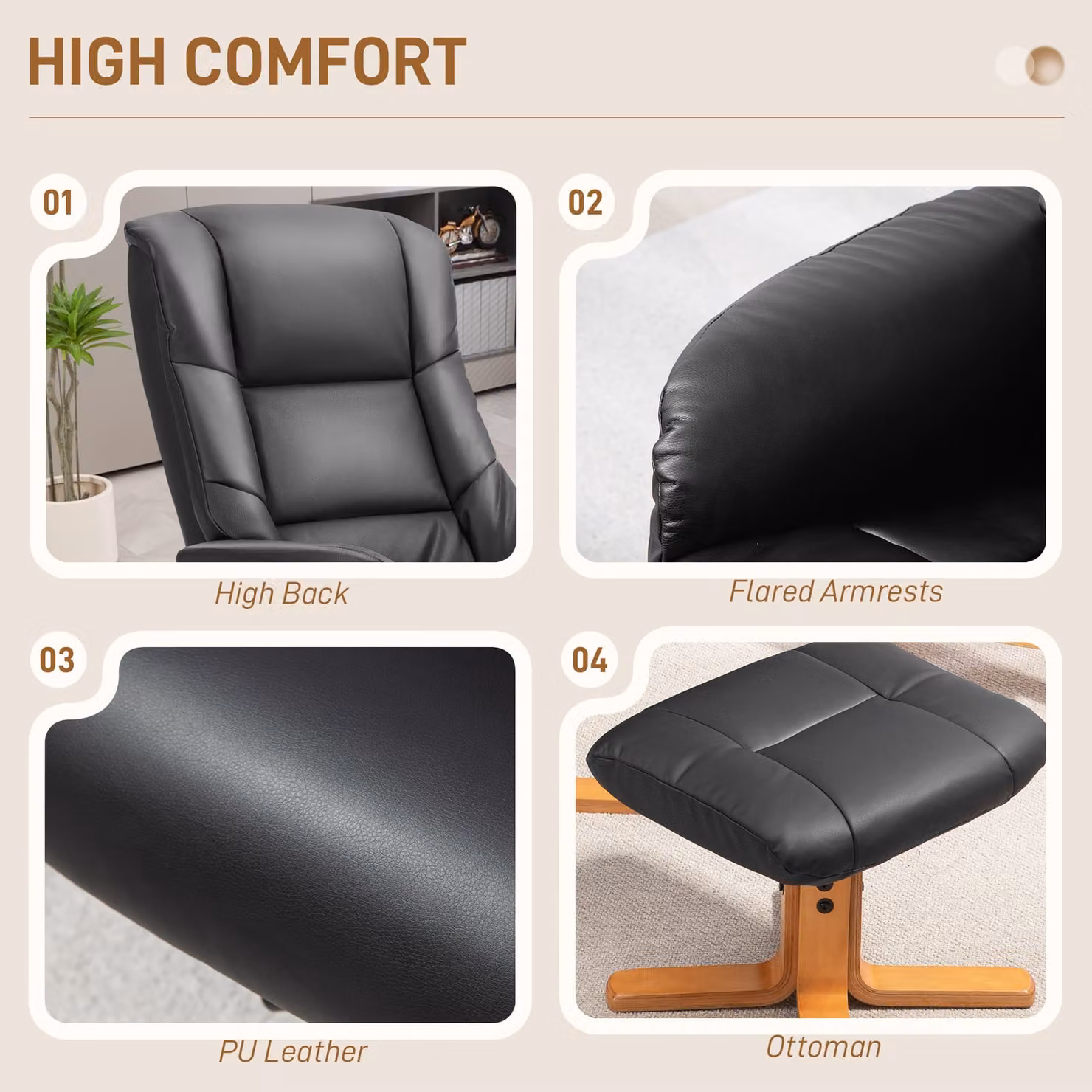 HOMCOM Black PU Leather Rocking Recliner Chair with Matching Footstool and Wood Base – 5