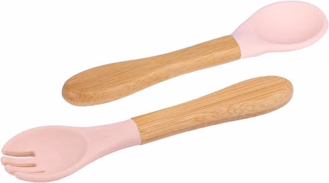 Tiny Dining Bamboo and Silicone Baby Feeding Cutlery Set with Fork and Spoon in Baby Pink – 1