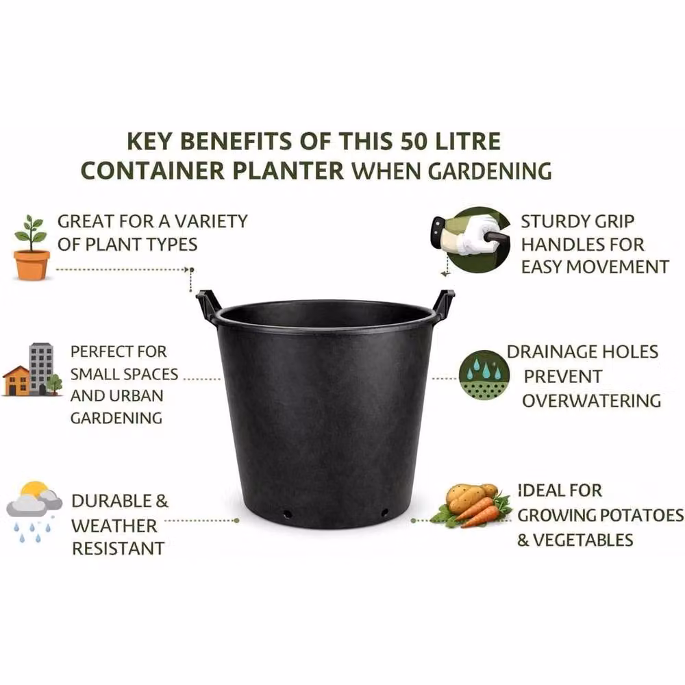 SPETLEK Set of 5 Large Plastic Plant Pots, 50 Litre, Black – 2