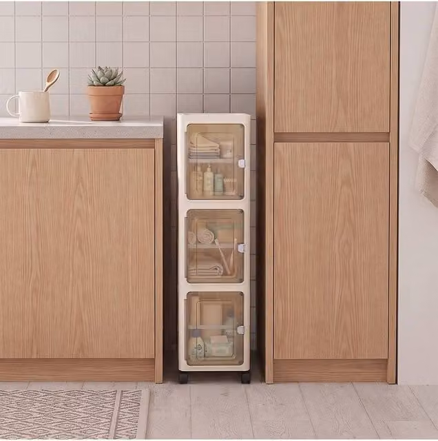 Living and Home Slim Foldable Storage Cabinet with Glass Doors and Lock in White – 1