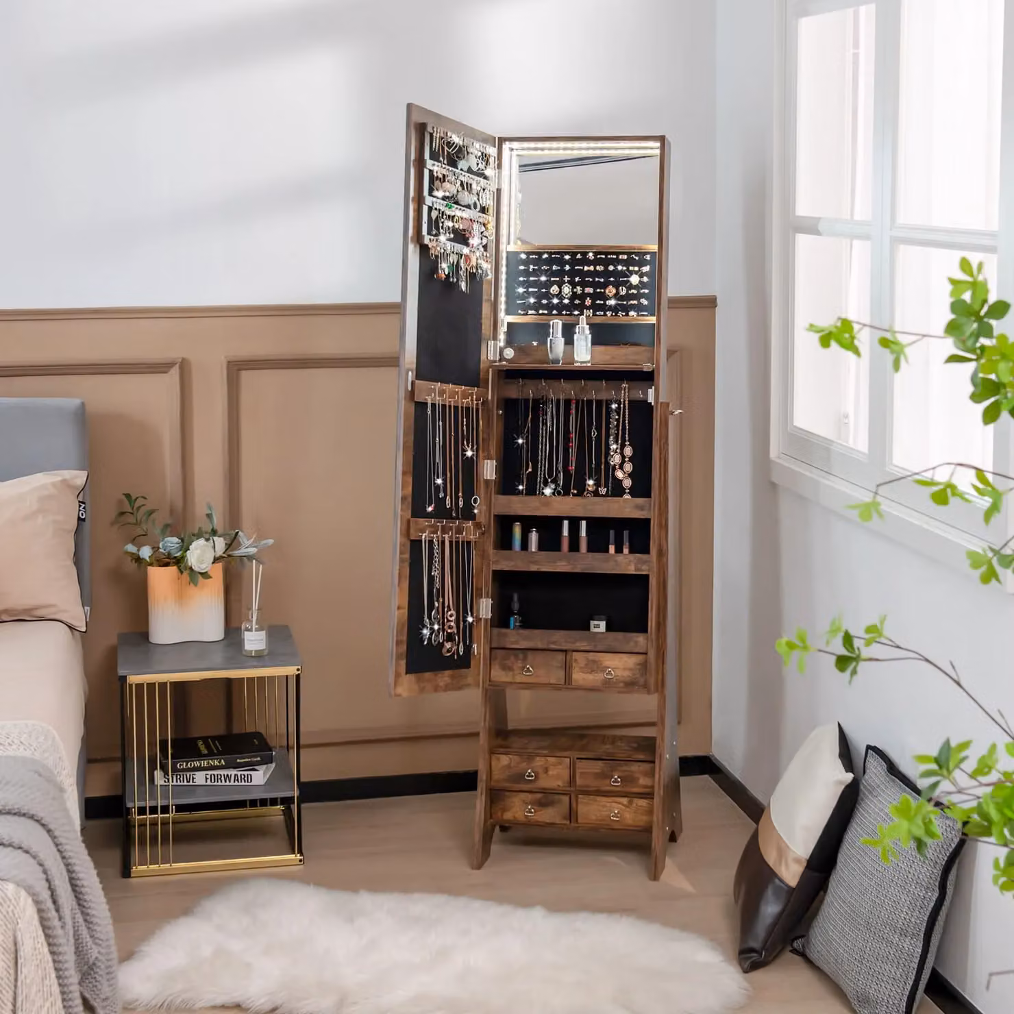 Costway Freestanding Brown Wood Jewelry Armoire with LED Lighting and Mirror – 3