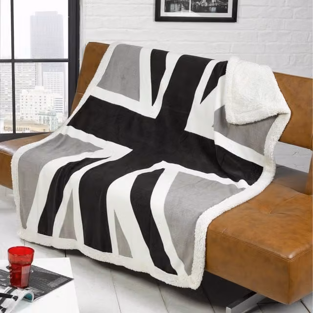 Rapport Home Reversible Geometric Fleece Throw, Black and Multicolour, W/D/H: 160 x 130 x 1 cm