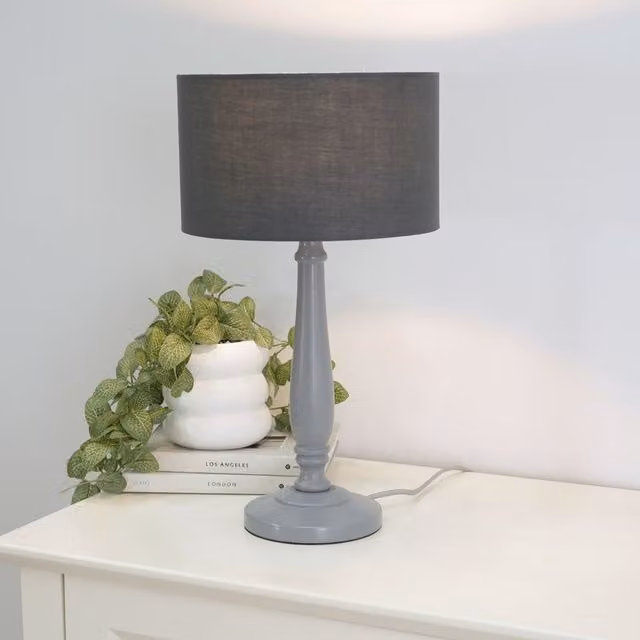 ValueLights Victoria Table Lamp in Grey and Charcoal with Fabric Drum Shade