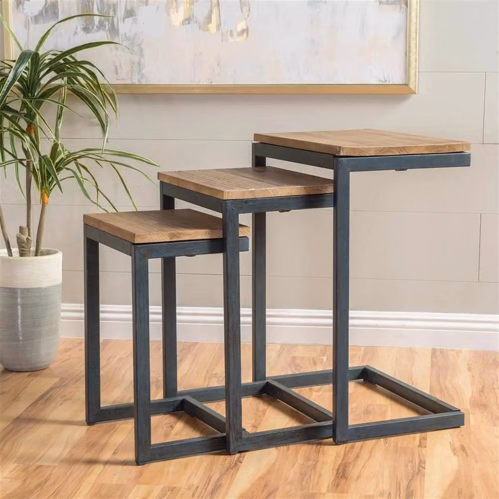 VOGREX 3-Piece Modern Nesting Tables with Wood Tone Tops and Metal Sled Base in Brown – 3