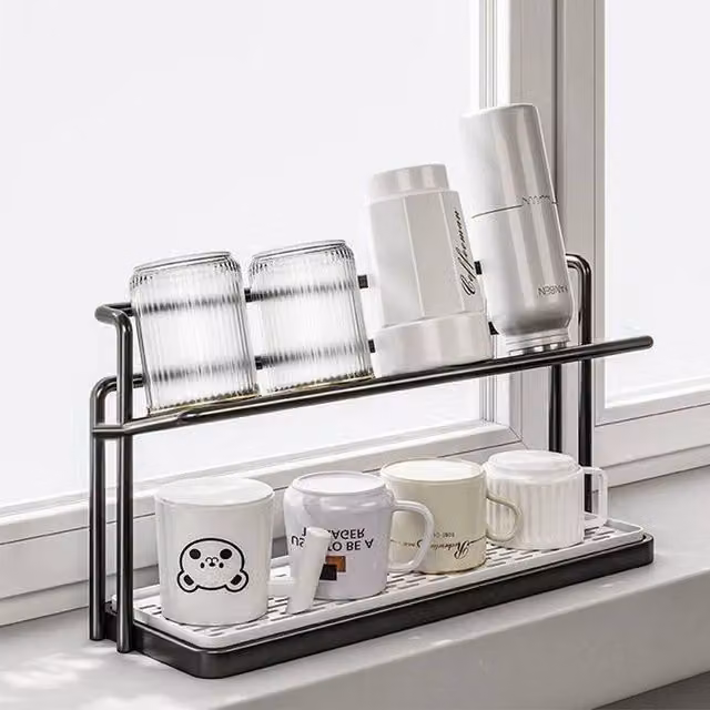 Kelvenix Black 2 Tier Bottle Drying Rack and Cup Holder with Drip Tray