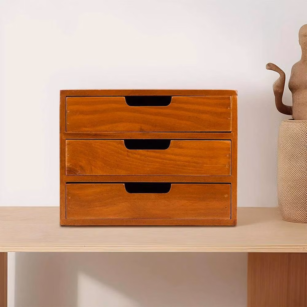 KORVIXA 3-Drawer Wooden Desktop Storage Chest Organizer Box in Brown, Width: 60 cm – 4